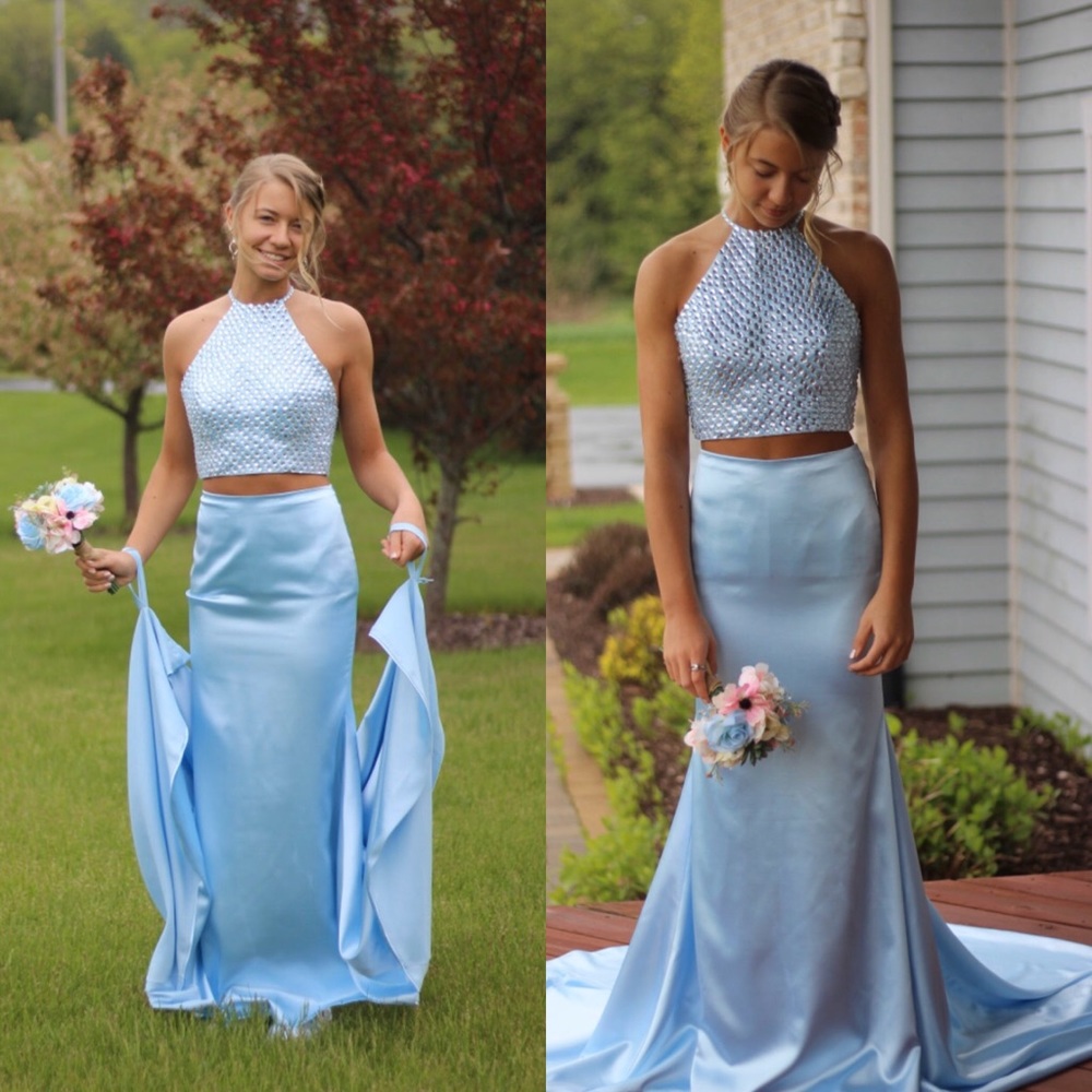 Halter Beading Satin Two Piece Dress w/ Train